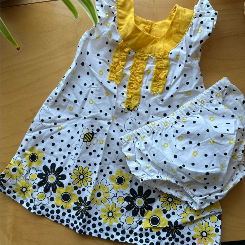 Sweet Bumble Bee Flower Spring Dress with Diaper Cover / Size 6-9 Mons